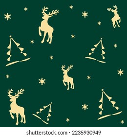 Vector seamless Christmas pattern with the silhouette of a deer and a festive tree
