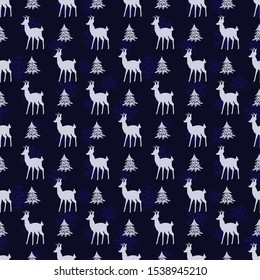 Vector seamless Christmas pattern with silver christmas deers and trees on blue background; holiday design for greeting card, gift box, wallpaper, fabric, textile, package, web design.