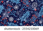 Vector seamless Christmas pattern with snowflakes and berries and leaves on a dark background with bokeh