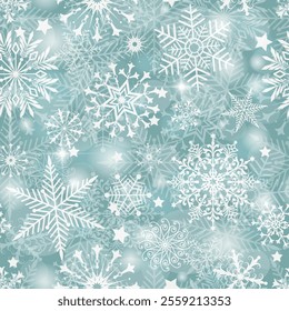 Vector seamless Christmas pattern with snowflakes and stars on a gray-blue background with bokeh