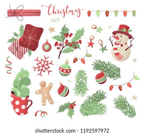 Vector seamless Christmas pattern. Snowman, gingerbread man, mistletoe, gifts, cup of hot cocoa, spruce branches with baubles. Happy holidays flat objects. Hand-drawn stipple texture.