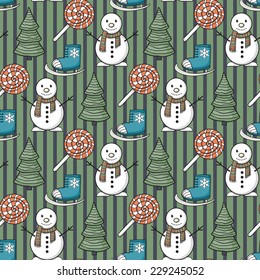 Vector seamless Christmas pattern with snowman,candy,Christmas tree, ice skating on a striped green background
