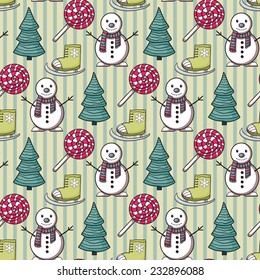 Vector seamless Christmas pattern with snowman,candy,Christmas tree, ice skating on a striped green background