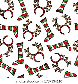 vector seamless  christmas pattern with socks and deer horns headbands