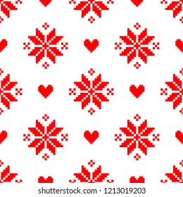 Vector seamless Christmas pattern for sweater with red elements on white background. Perfect for wrapping paper or fabric.