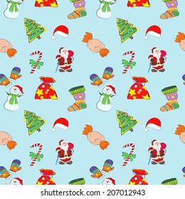 Vector Seamless Christmas pattern. With a Christmas tree, Christmas bag with gifts, Snowman, Santa Claus,Christmas sock with gifts, Christmas candy.