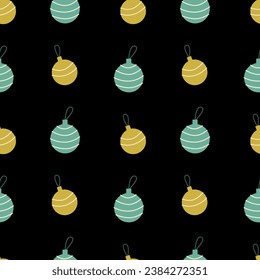 Vector seamless Christmas pattern Christmas tree decorations on a black background
