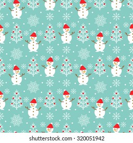 Vector seamless Christmas pattern with christmas tree, snowflakes and snowman on turquoise background. Suitable for textile, gift cards and gift wrapping paper.