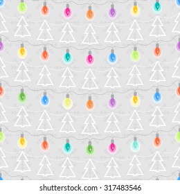 Vector seamless Christmas pattern with christmas tree,snowflakes and garland on grey background.