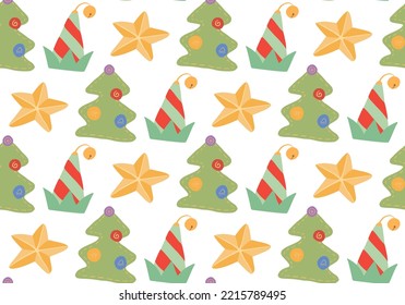 Vector seamless Christmas pattern. Wallpaper with flat cartoon new year toys - christmas trees, elf hats and stars on white background. Festive texture for backgrounds, fabrics and your creativity