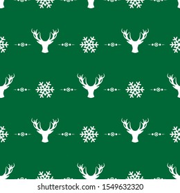 Vector seamless Christmas pattern with white christmas deers and snowflakes on green background; holiday design for greeting card, gift box, wallpaper, fabric, wrapping paper, web design.