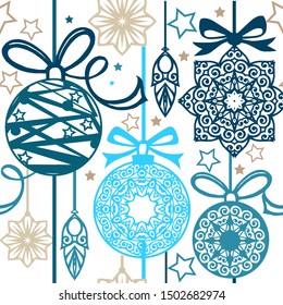 Vector seamless christmas patterns, blue snowflakes, christmas balls. Xmas texture for wallpaper, web page background, wrapping paper.