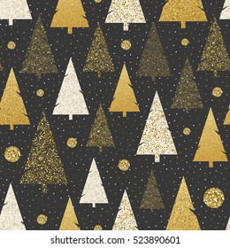 Vector Seamless Christmas patterns on blackboard. Styliesed snowballs and christmas trees in black, white and gold colors.