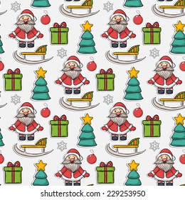 Vector seamless Christmas pattern,sticker, with Santa Claus,gifts,sleigh, Christmas ball, snowflakes, Christmas trees on a white background