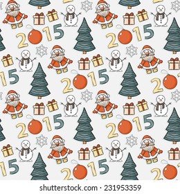Vector seamless Christmas pattern,sticker, with Santa Claus,gifts, snowman, numbers, 2015, Christmas ball, snowflakes, Christmas trees on a white background