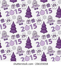 Vector seamless Christmas pattern,sticker, with Santa Claus,gifts, snowman, numbers, 2015, Christmas ball, snowflakes, Christmas trees on a white background