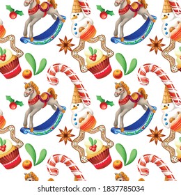 Vector seamless Christmas print. Santa Claus, gingerbread, Christmas toys, Christmas decorations, gifts. Bright colorful Christmas pattern for packaging, paintings, banners, covers.