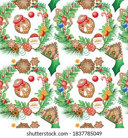 Vector seamless Christmas print. Santa Claus, gingerbread, Christmas toys, Christmas decorations, gifts. Bright colorful Christmas pattern for packaging, paintings, banners, covers.