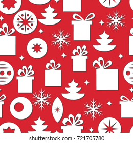 Vector seamless christmas red background with gifts, snowflakes, christmas trees and toys.