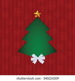 Vector seamless Christmas red striped pattern with  snowflakes, green abstract clipped pine tree, white bow and golden star. Holiday theme