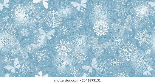 Vector seamless christmas silvery pattern with snowflakes and flying butterflies