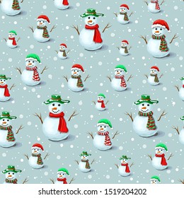 vector seamless Christmas snowman pattern with snowflakes on gray backdrop. Cute snowman background template for holiday design. snowmen in various santas hats and scarves for prints and wallpapers.