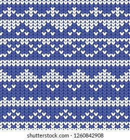 Vector seamless christmas sweater pattern. Blue and white knitted background. Natural material fabric.