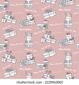 Vector seamless christmas symbol pattern, with stylish gift box  and text "happy new year, merry christmas, hohoho "
