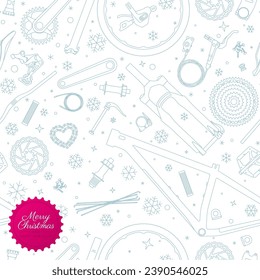 Vector seamless Christmas texture with bicycle parts icons and snowflakes. Text Merry Christmas And Happy New Year. Isolated on blue background. 
