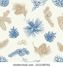 vector seamless christmas white background gold and blue  with pine tree, sprigs and ted berries. navy winter seamless pattern for happy new year and merry christmas