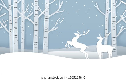 Vector Seamless Christmas Winter Forest Background With Reindeers. Horizontally Repeatable. 