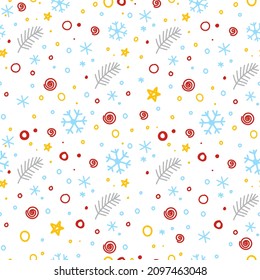 Vector seamless Christmas winter pattern on a white background, blue snowflakes, yellow stars, gray twigs, great for the production of fabric, paper, wallpaper, packaging, boxes, for congratulations