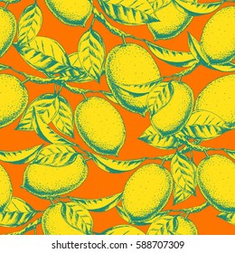 Vector seamless citrus background with branch of lemon and fruits. Hand drawn ink sketch pattern in vintage style for fabric, wrapping, textile and other seamless food design.Yellow on orange.
