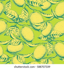 Vector seamless citrus background with branch of lemon and fruits. Hand drawn ink sketch pattern in vintage style for fabric, wrapping, textile and other seamless food design. Yellow on green.