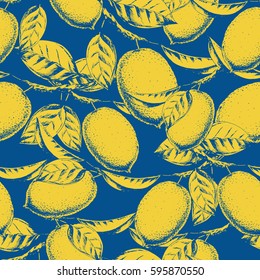 Vector seamless citrus background with branch of lemon and fruits on blue. Hand drawn ink sketch pattern in vintage style for fabric, wrapping, textile and other seamless food design. 