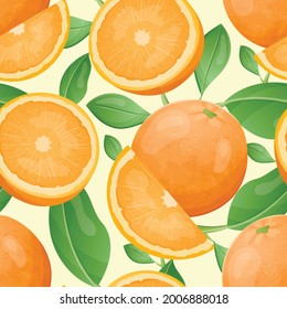 Vector seamless citrus fruit pattern. Halves and slices of bright oranges with green leaves. Sweet healthy natural food dessert.