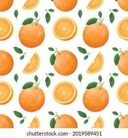 Vector seamless citrus fruit pattern. Halves and slices of bright oranges with green leaves. Sweet healthy natural food dessert.