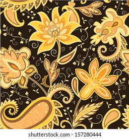 Vector seamless classic floral pattern in yellow and brown colors