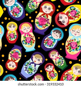 Vector Seamless classic folklore pattern of Russian Dolls and flowers.
