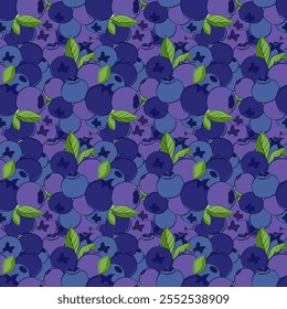 Vector seamless close pattern with blueberries. Graphic line illustration with berries and leaves. whortleberry, huckleberry, hurtleberry, blaeberry
