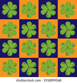 Vector de hojas de shamrock irlandés de trébol sin fisuras sobre fondo azul,naranja.Símbolo irish pattrén Buena suerte,Patrón vectorial para el fondo del día de San Patricio con permiso de trébol o shamrock