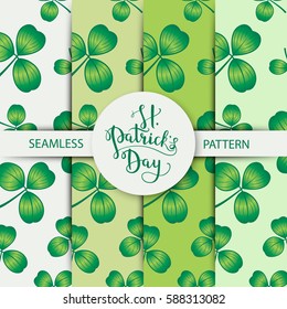 Vector seamless clover pattern set with three leaf for Saint Patrick s Day.