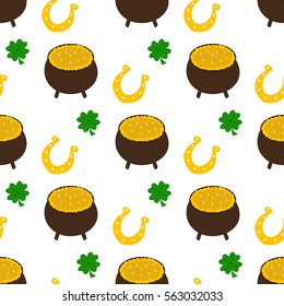 Vector seamless clover pattern. Clover pattern with three leaf. Nature luck day grass celebration design. Clover pattern with four leaf. Green nature plant for Saint Patrick's Day.