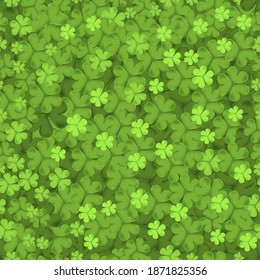 Vector seamless clover tile irish shamrock falling leaves on green background. Pattren irish symbol Good Luck, Vector pattern for Saint Patrick's day background with clover leaves or shamrocks