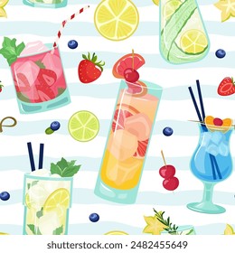 Vector seamless cocktails and slices of fruit pattern on striped background. Summer bright design with mojito, blue lagoon, spritz can be used for wallpaper, website background, wrapping paper, fabric