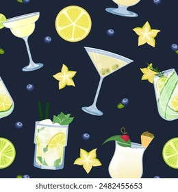 Vector seamless cocktails and slices of fruit pattern on dark background. Summer bright design with mojito, martini, champagne, pina colada can be used for wallpaper, website, wrapping paper, fabric