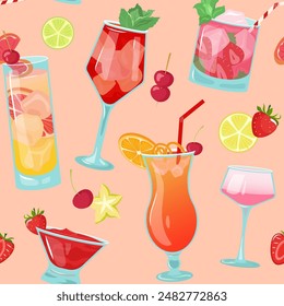 Vector cócteles sin fisuras y rebanadas de patrón de frutas sobre fondo beige. El diseño brillante del verano con campari, daiquiri, mojito se puede utilizar para el Fondo de pantalla, el fondo del Sitio web, el papel de envoltura, la tela