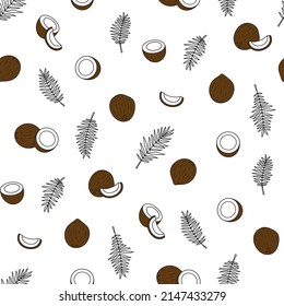 vector seamless coconut pattern, with a whole coconut and a half, on a white background, black and white. Simple colorful pattern fruit seamless soft coconut