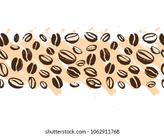 Vector seamless coffee backdrop design with hand drawn coffee beans isolated on white background. Ink drawing, coffee seeds. Packaging design, wallpaper, banner etc.