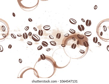 Vector Seamless Coffee Backdrop Design With Hand Drawn Coffee Beans Isolated On White Background. Ink Drawing, Coffee Seeds. Packaging Design, Wallpaper, Banner Etc.